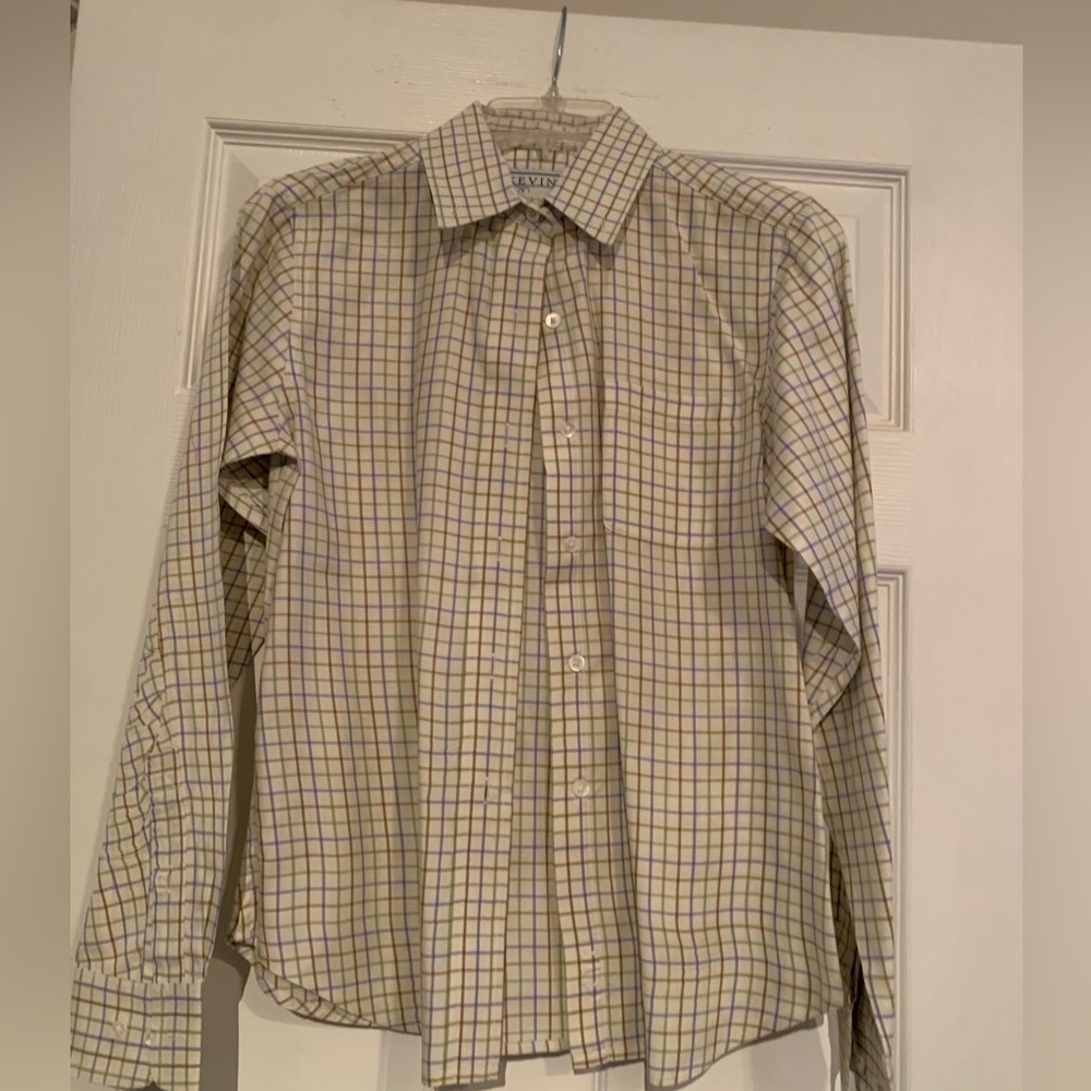 Purple, cream, green, brown button up, collared shirt